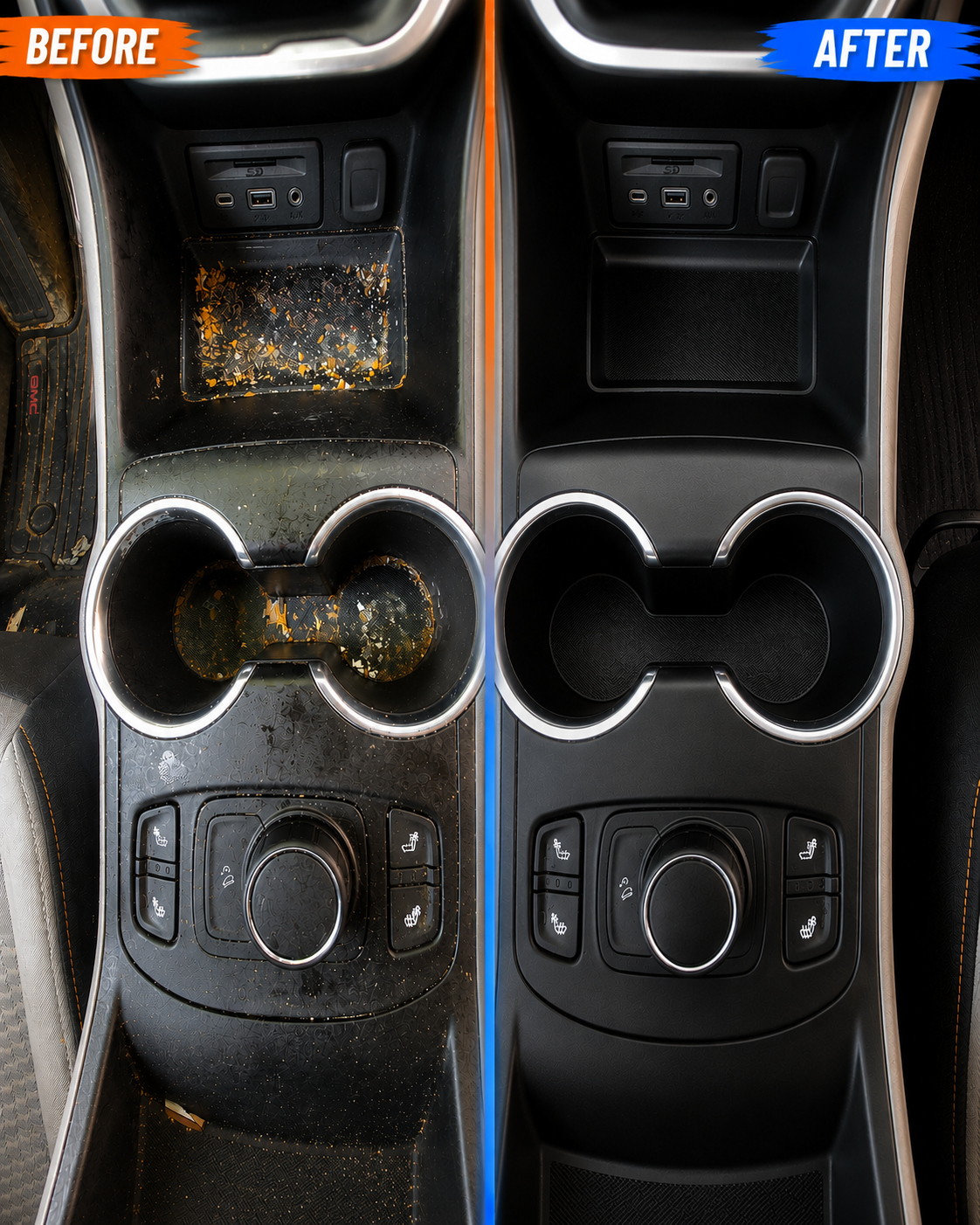 Before and after deep interior detailing and center console cleaning