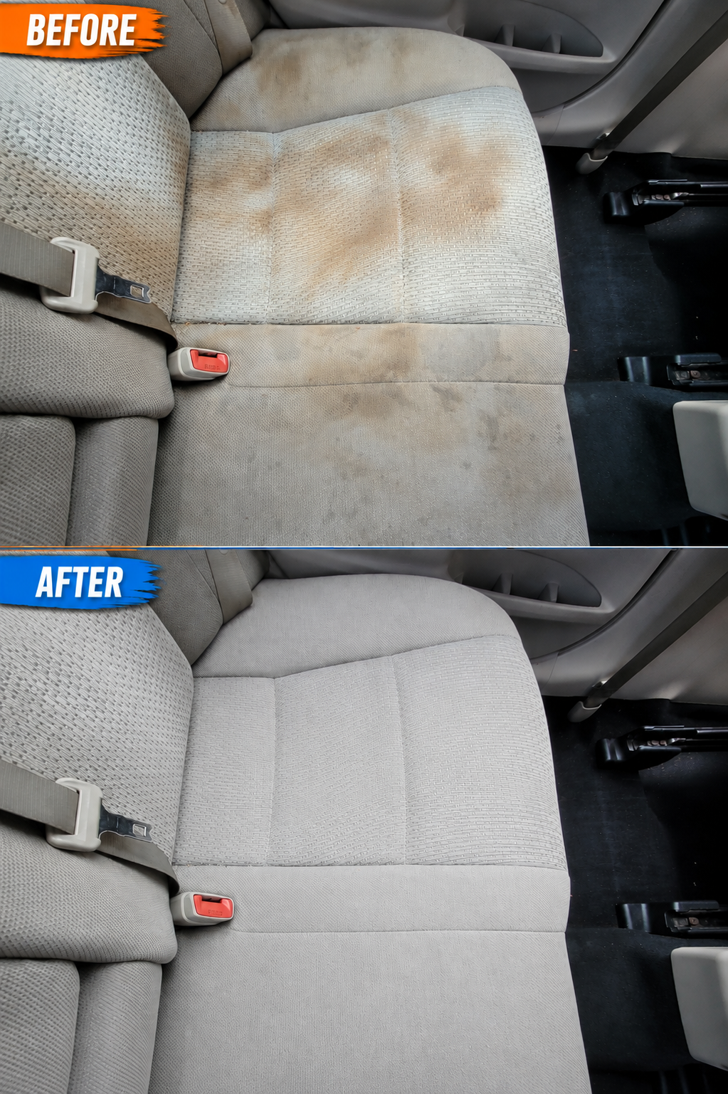 Before and after seat stain removal and cloth seat interior detailing