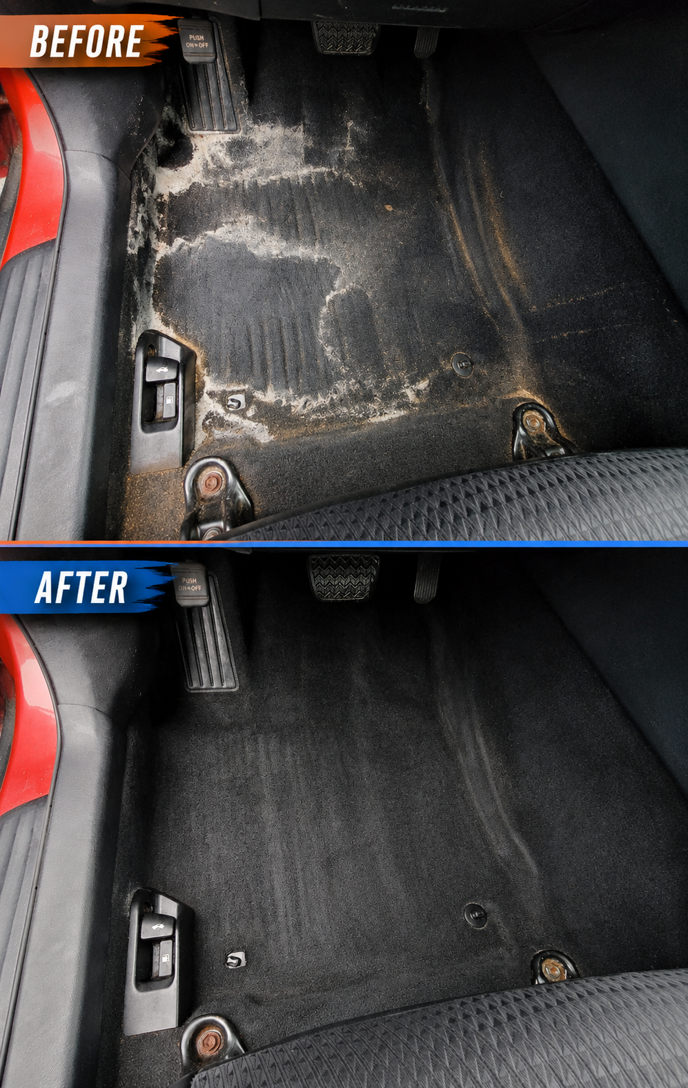 Before and after Minnesota winter salt removal from vehicle carpet